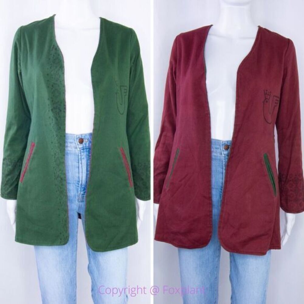 Hezardastan Green and Red reversible open front blazer